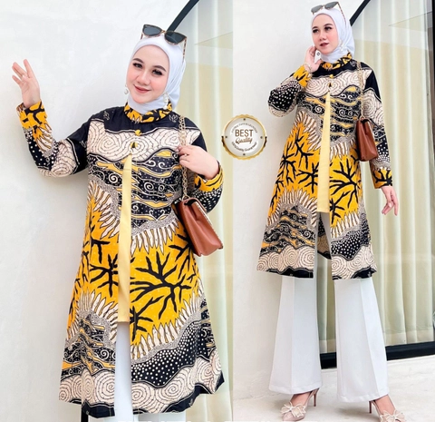Ks muslim fashion - Atasan Batik wanita Tunik bagus banget kuning kombinasi hitam