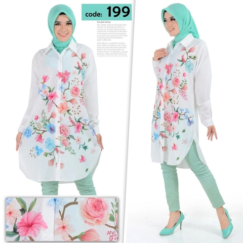 Syahrinda [TA] - Kemeja Tunik Wanita Panjang Printing Motif Bunga Rose Pink Premium Standar Jumbo
