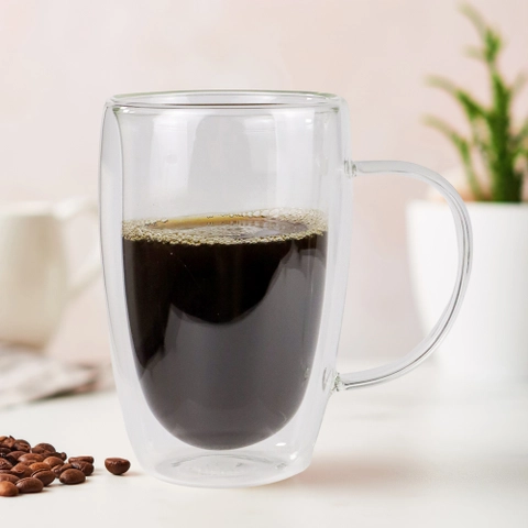 RUMAH RAYA - (PO) Gelas Cangkir Kopi Anti Panas Double-Wall Round Series 410ml with Handle