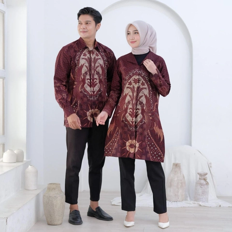 Batik Mafaza - Batik Coupel Wanitan Dan Pria Modern Terbaru Motif arjuna burgundy