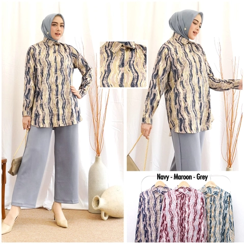 Syahrinda [TA] - Kemeja Wanita Salur Ombak Armania Line Standar - JUMBO 4L Silk Impor