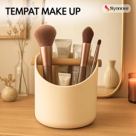 Synnove - Tempat Kuas Makeup Pegangan Kayu Kotak Tempat Make Up Aesthetic Brush Holder Organizer