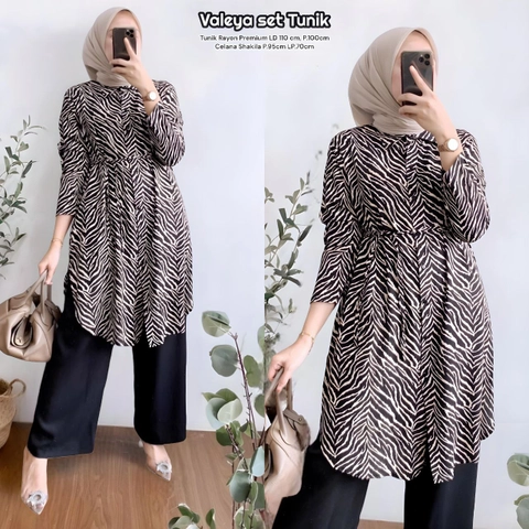 Valencia - Valeya One Set Wanita Tunik Rayon Premium Setelan Wanita Kekinian Lengan 7/8 Set Tunik Kekinian LD 1