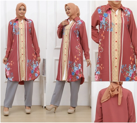 Syahrinda [TA] Kemeja Tunik Luxury Panjang Wanita Premium Teracota Motif Bunga Guccie Standar Jumbo
