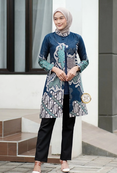 Ks muslim fashion - BAJU BATIK ATASAN WANITA DEWASA TUNIK BIRU