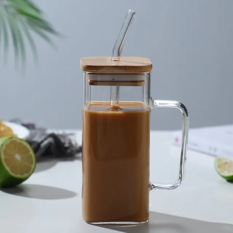 RUMAH RAYA - (PO) Gelas Kaca Kotak Aesthetic Tutup Kayu 350ml dengan Sedotan - UK3