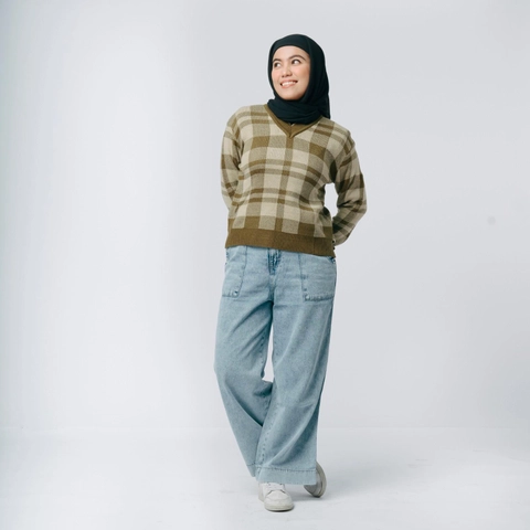 MKY Clothing - [Paket Usaha 12pcs] MKY Clothing - BLUS RAJUT KOTAK-KOTAK V NECK LENGAN PANJANG