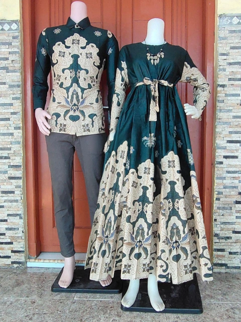 Batik Mafaza - Gamis Batik wanita coupel keluarga modern bisa dipisah motif jeni hijau