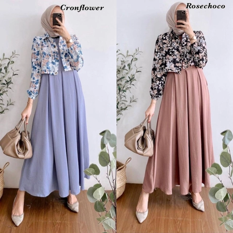 Valencia - Rinara Dress Set - One Set Wanita Crinkle Airflow Premium Setelan Wanita outer Lengan Panjang Motif
