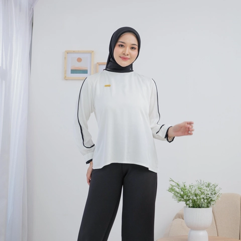 Sseolshop - Blouse Lotus Atasan Putih Wanita List Hitam Kasual Bahan Rayon Twill terbaru