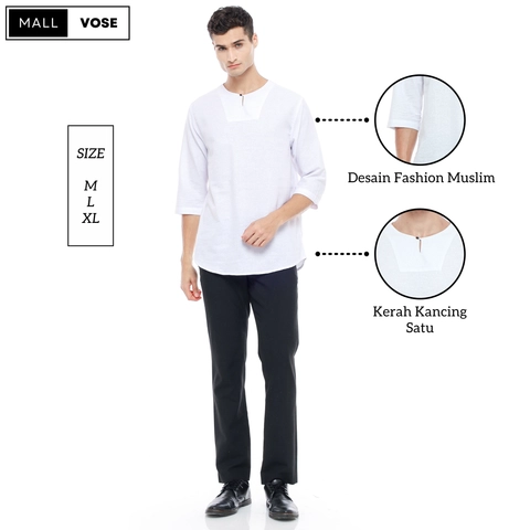 MALLVOSE - Kemeja Pria Kurta Lengan 3/4 MV04 Kasual Putih Premium Dewasa