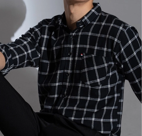 MR DEE - Kemeja panjang flannel pria hitam putih