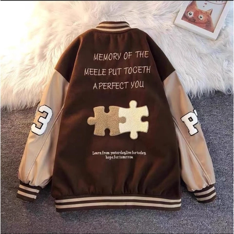 ALUS - Jaket Unisex Bomber Bisbol Puzzle A Chock Brownie Varsity Oversize Bahan Fleece