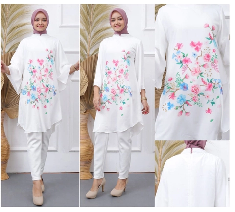 Syahrinda [TA] - Tunik Dress Putih Standar to BIGSIZE Print Bunga Rose Batwings Silky Impor