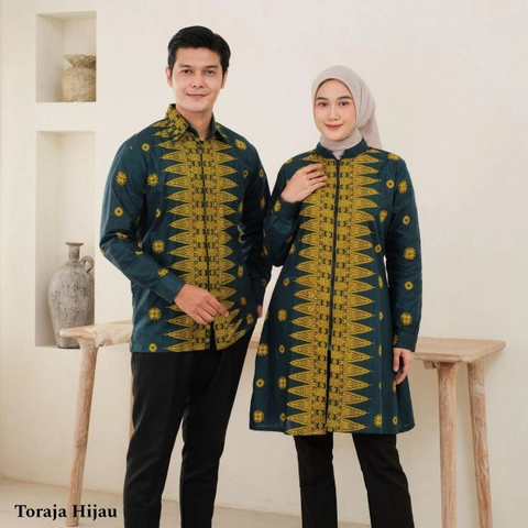 Batik Mafaza - Batik Coupel Tunik Dan Kemeja Bisa Dipisah Terbaru Modern Motif toraja hijau