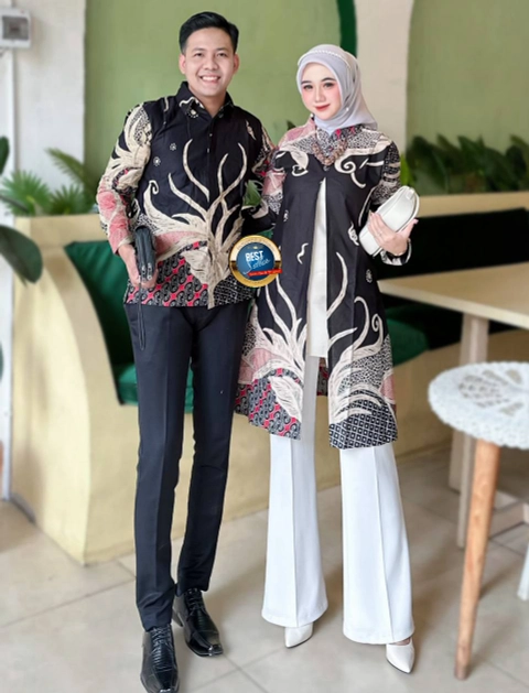 Ks muslim fashion - Baju Kerja Batik Couplen Kemeja Dan Tunik Bisa dipisah Motif nada hitam