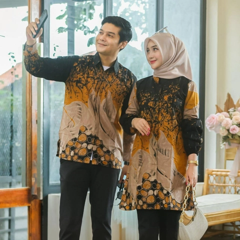 Khisna collection - Baju batik pria kemeja dan wanita tunik batu hitam terbaru bahan halus jahitan rapih bisa pisahan ya
