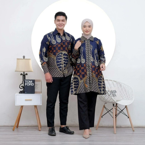 Kois Batik - Batik Coupel Kemeja dan Tunik Kekinian Modern Jumbo Motif melodi navy