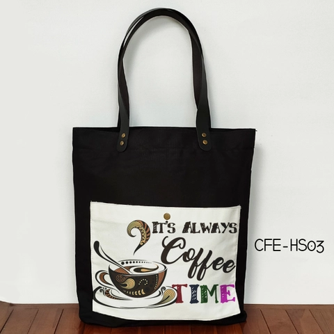 Dewani Totebag Canvas Hitam saku Seri COFFEE 03
