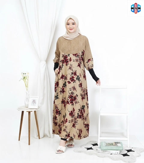 Disya.id - Dress Gamis Wanita Bahan Rayon Resleting Depan Bunga Sopal