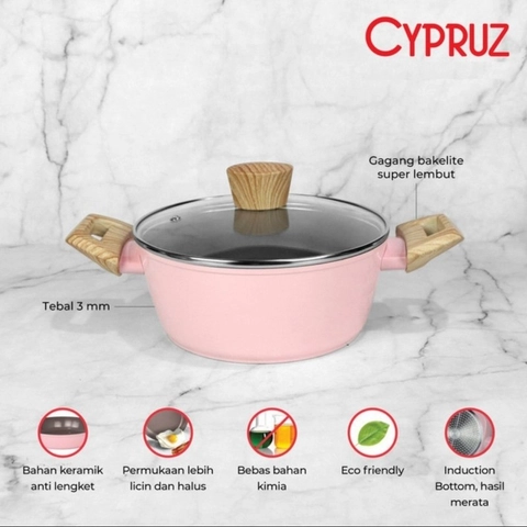 Cypruz Official Surabaya - Cypruz Pink Ceramic Series Gg Putih Kayu Panci dan Tutup 24cm 6X1 PI-0801