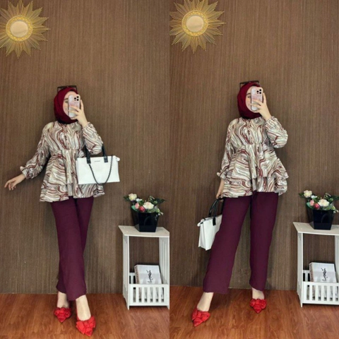 Valencia - Dinara Set - One Set Wanita Kemeja Rempel Shakila Twill Premium Setelan Baju Lengan 7/8 Set Celana P
