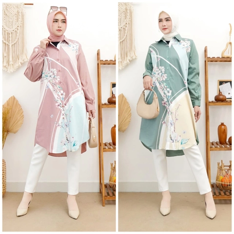 Syahrinda [TA] - Kemeja Tunik Kancing Sakura Zaradiora Uniqloui Pink Hijau Sage Print Bunga Katun Impor