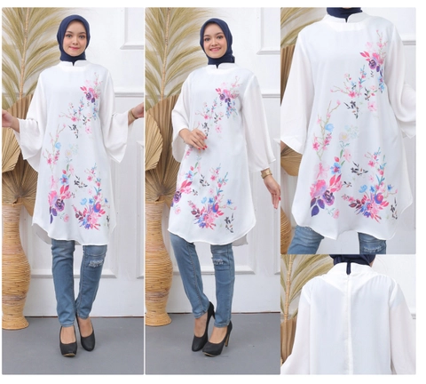 Syahrinda [TA] - Tunik Dress Putih Standar to Bigsize Print Bunga Cheryl Batwings Silky Impor
