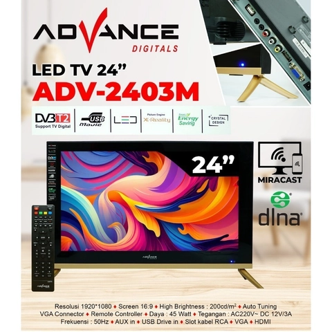 Advance Digitals Indonesia - TV LED Digital 24 inch HD ADV-2403M MIRACAST BISA KONEK HP KE TV