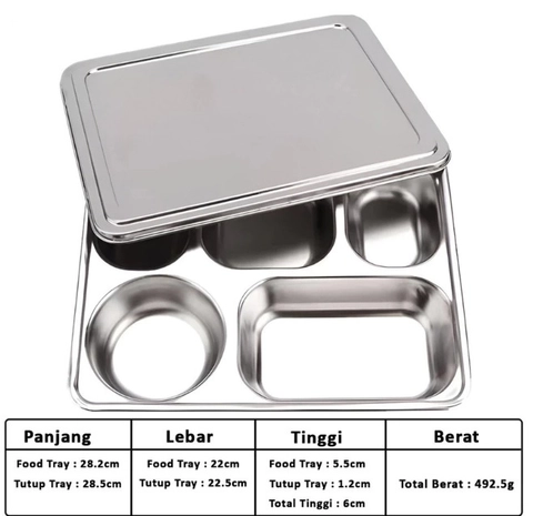 Alcante - iring Makan 5 Sekat Stainless + Tutup Stainless Tebal Food Tray Stainless Lunch Box Sekat 5 Mestray