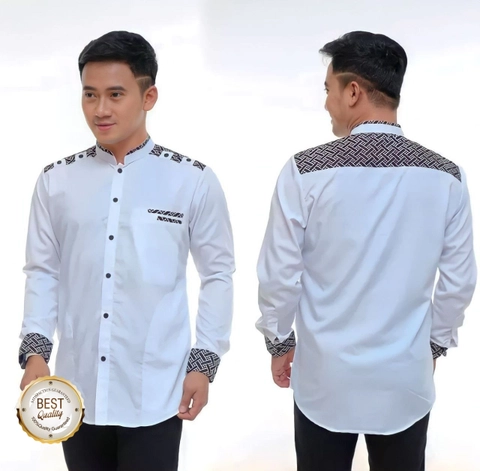 Kois Batik - BAJU KOKO MUSLIM DEWASA KOMBINASI BATIK LENGAN PANJANG PUTIH KOMBINASI