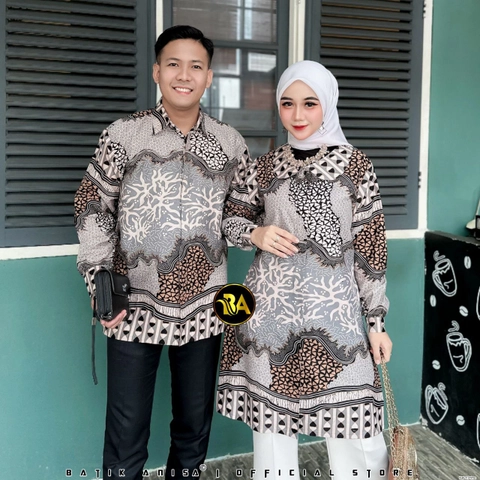 Batik Alfin - Baju atasan muslim couple kemejan dan Tunik motif Larasati abu model terbaru