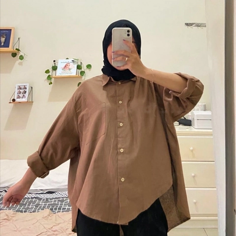 Amha Collection - BAJU KEMEJA OVERSIZE LINEN POLOS WANITA