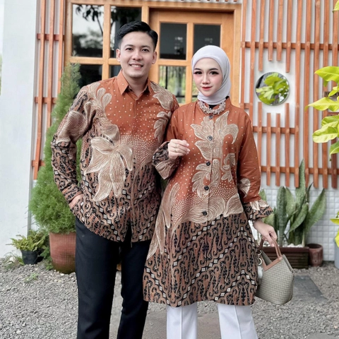 Kois Batik - Atasan batik pria dan wanita couple modern kekinian motif anggrek teracota