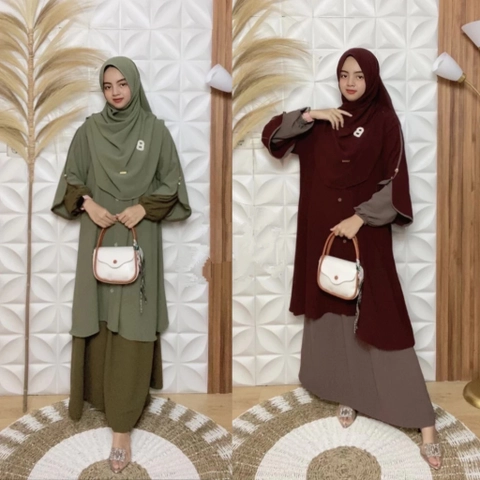 qayd - UZN Salima Dress Syari Premium Set Tunik Rok Hijab Pashmina Crinkle Adem