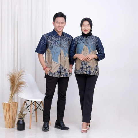 Ks muslim fashion - Batik Atasan Coupel Pria Dan Wanita Blouse Dan Hem Kekinian Modern Motif ciprat navy