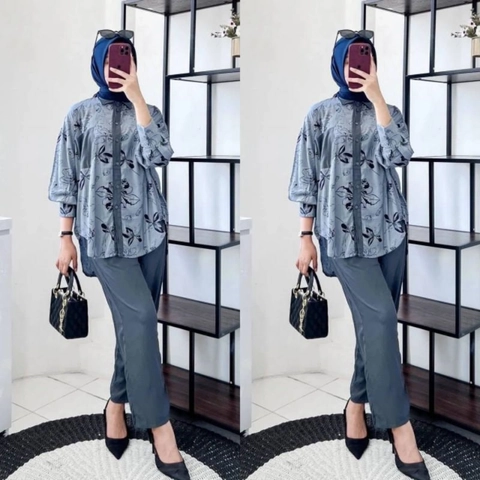 Valencia - Nadine Set - One Set Wanita Kemeja Rayon Premium Setelan Baju Lengan 7/8 Set Celana Panjang Kekinian