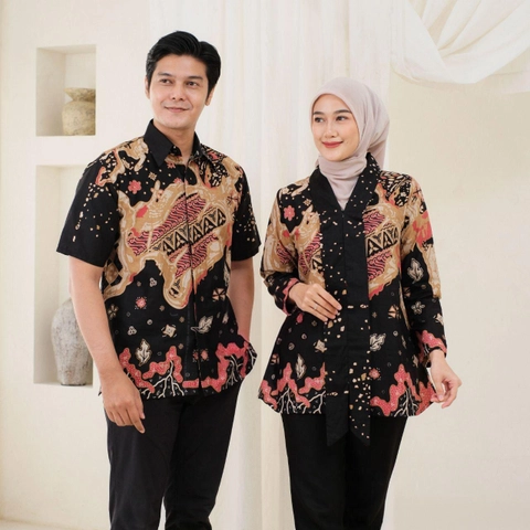 Kois Batik - Atasan Batik Coupel Modern Blouse Wanita Dan Hem Pria Kekinian Motif azzura hitam