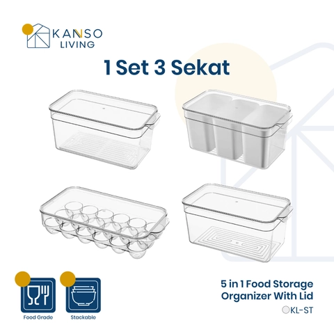 Kanso Living - Kanso Living 5 in 1 Kontainer Penyimpanan Makanan Storage Box Kulkas - 1 Set 3 Sekat