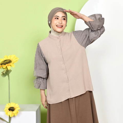 Mybamus - Deya Mix Square Shirt - Kemeja Wanita - Atasan Tangan Panjang