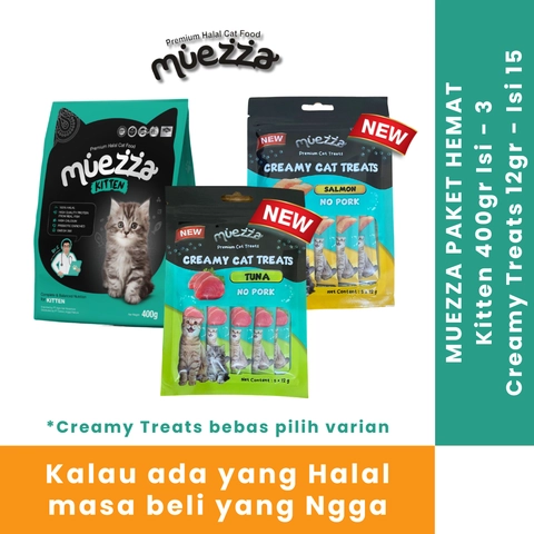 Muezza - Muezza PAKET HEMAT Makanan Kucing Kitten 400 gr - Isi 3 dan Creamy Treats 12 gr - Isi 15