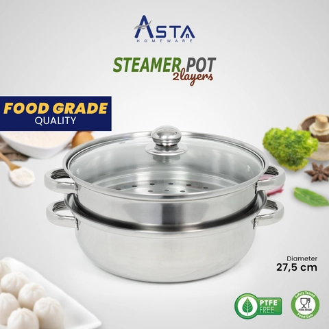 Asta Homeware Official - Panci Kukusan Stainless Steel Steamer 2 Susun Tutup Kaca 28 cm
