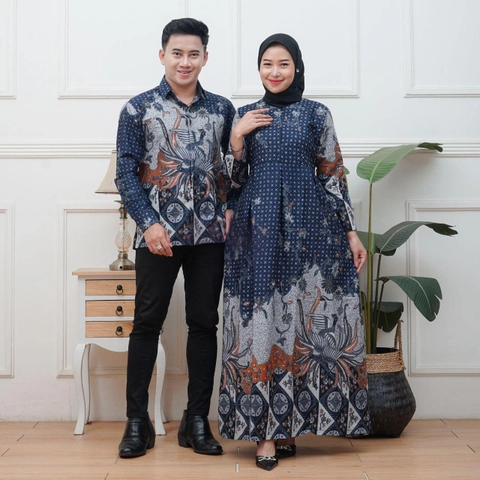 Ks muslim fashion - Gamis Batik Coupel dengan kemeja standar dan jumbo motif ayam navy