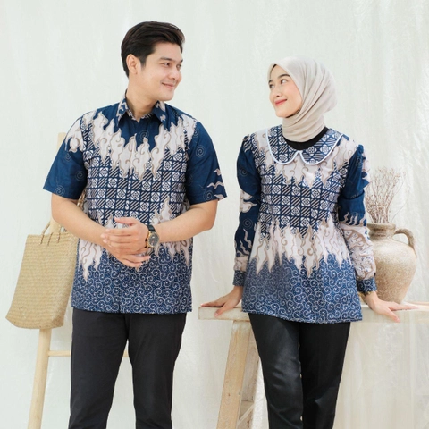 Kois Batik - Atasan Batik Baju kerja Blouse dan Hem bisa dipisah motif seroja navy
