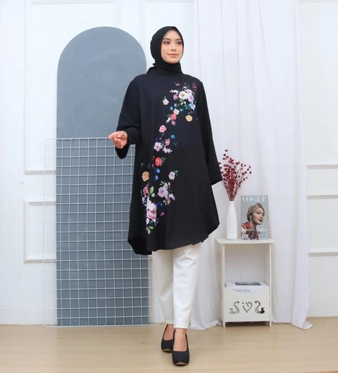 Syahrinda [TA] - Tunik Panjang Wanita Stub Collar Dress Zaravia kerah Shanghai Standar Bigsize Motif Bunga Rose In Bl
