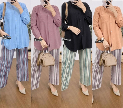 Valencia - Noorin Set - One Set Wanita Kemeja Import Crinkle Airflow Setelan Wanita Celana Kulot Lengan Panjang