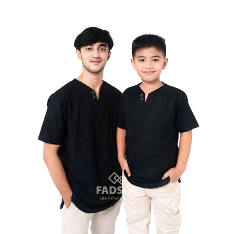 FADSAN - Koko Couple Ayah dan Anak Lengan Pendek Bahan Katun Linen Warna Black - Mono Series
