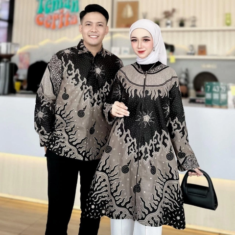 Batik Alfin - New baju atasan Batik Couple kemejan dan tunik motof sisik Hitam model kekinian terbaru