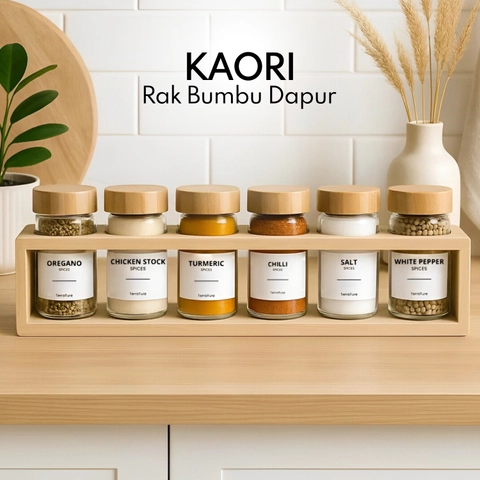Synnove - Rak Bumbu Dapur Estetik 6 Botol Kaca Spice Jar Rak Bumbu Kayu Storage Tempat Bumbu Dapur