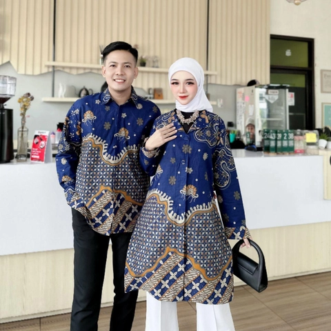 Kois Batik - Atasan Batik Couplen Kemeja Tunik Kekinian Modern Motif bintang navy